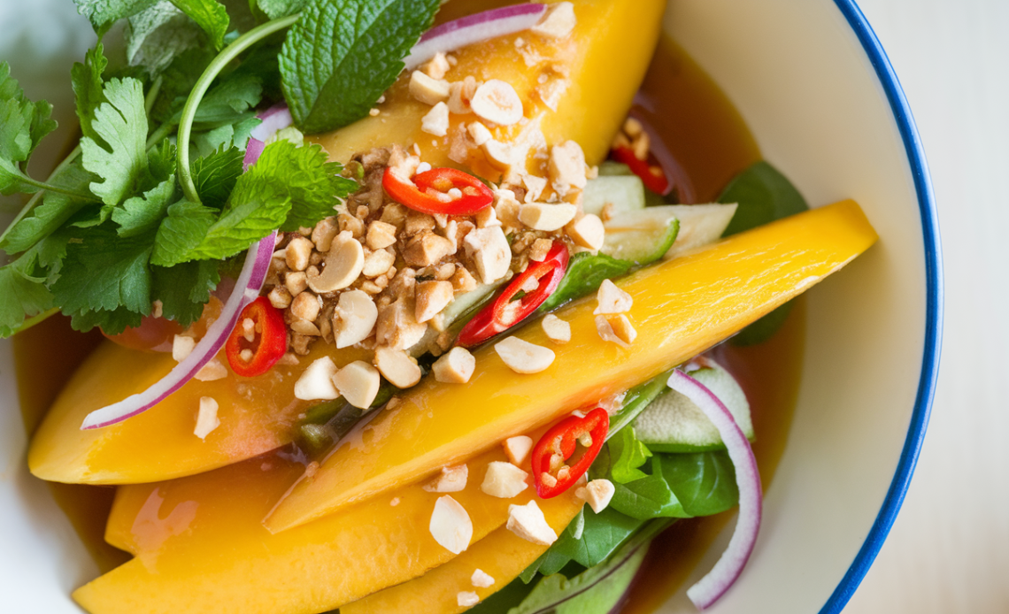 A vibrant bowl of Sweet & Spicy Thai Mango Salad with sliced green mango, red chili flakes, fresh herbs, and crushed peanuts.