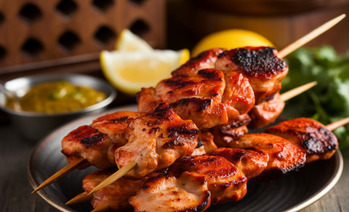 Grilled tandoori chicken skewers with vibrant red spices, garnished with fresh cilantro and lemon wedges.