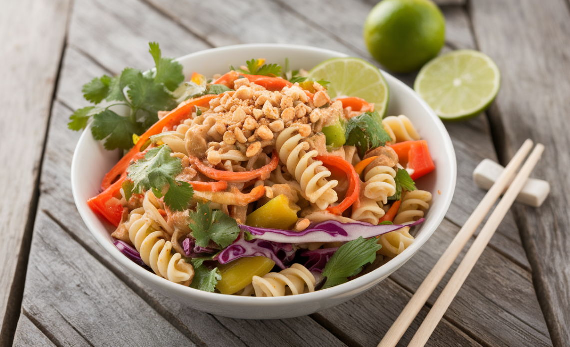 A vibrant Thai peanut pasta salad in a white bowl, featuring colorful vegetables like shredded carrots, red bell peppers, and cilantro, tossed with spiral pasta and drizzled with creamy peanut dressing.