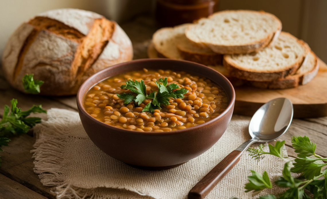 A bowl of hearty lentil soup garnished with fresh herbs and served with a slice of rustic bread.