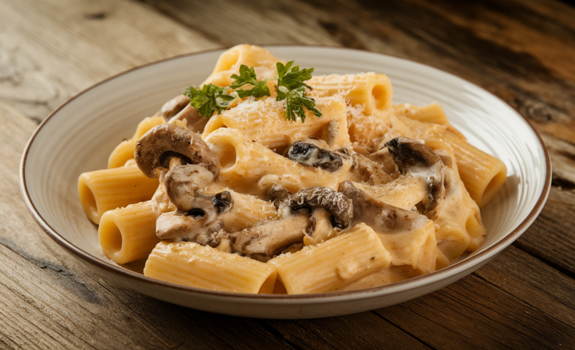 Close-up of creamy Alfredo rigatoni pasta topped with a mix of three types of sautéed mushrooms.