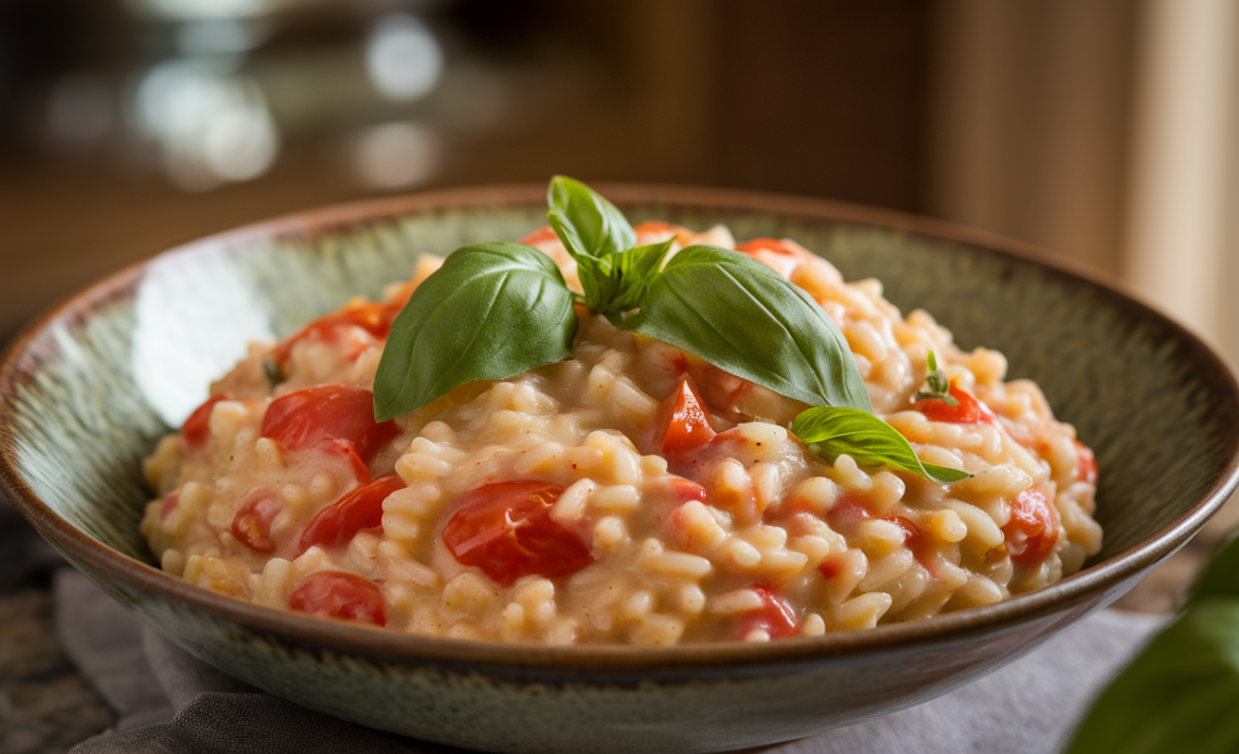 Creamy tomato-basil risotto served in a white bowl, garnished with fresh basil leaves and grated Parmesan cheese.