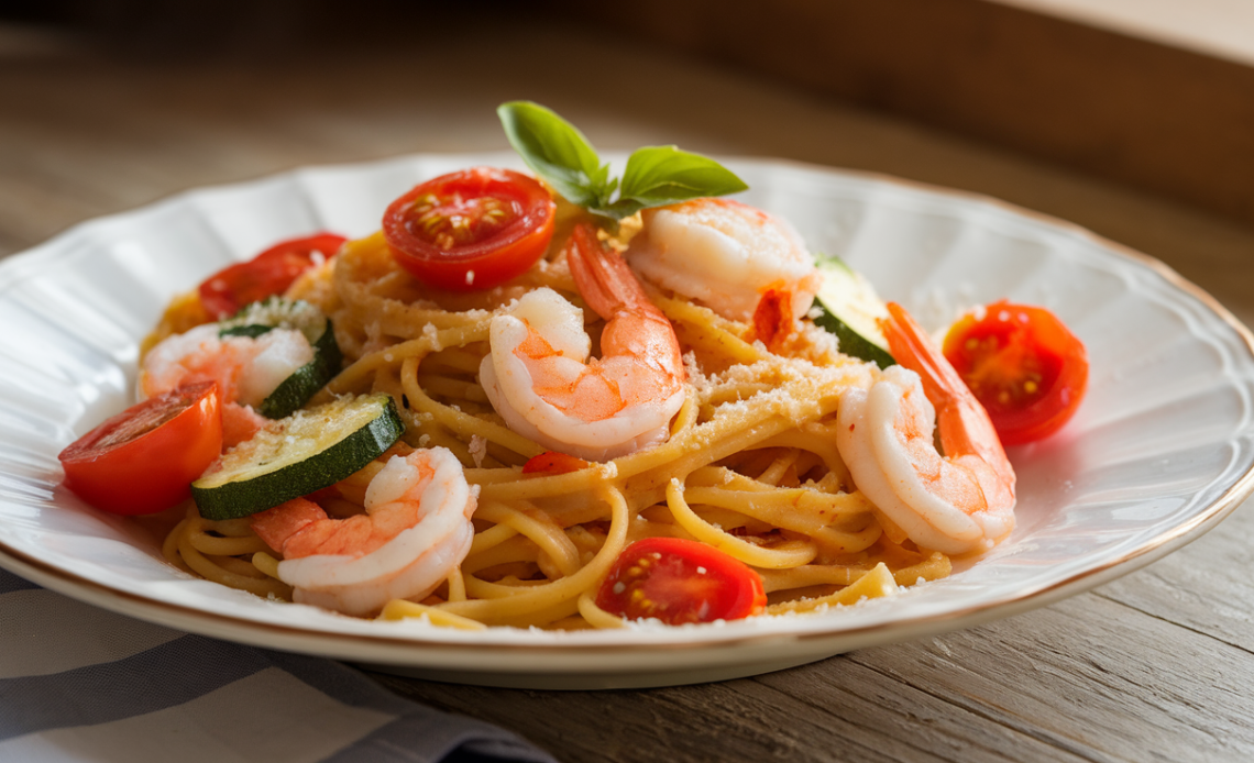 Tomato zucchini shrimp pasta served in a white bowl, garnished with fresh basil and grated parmesan.