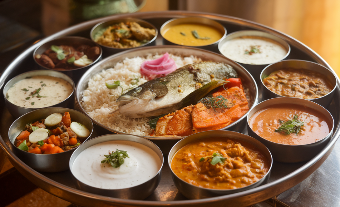 Traditional Bengali Thali with rice, dal, fish curry, vegetable dishes, and sweets arranged on a banana leaf.