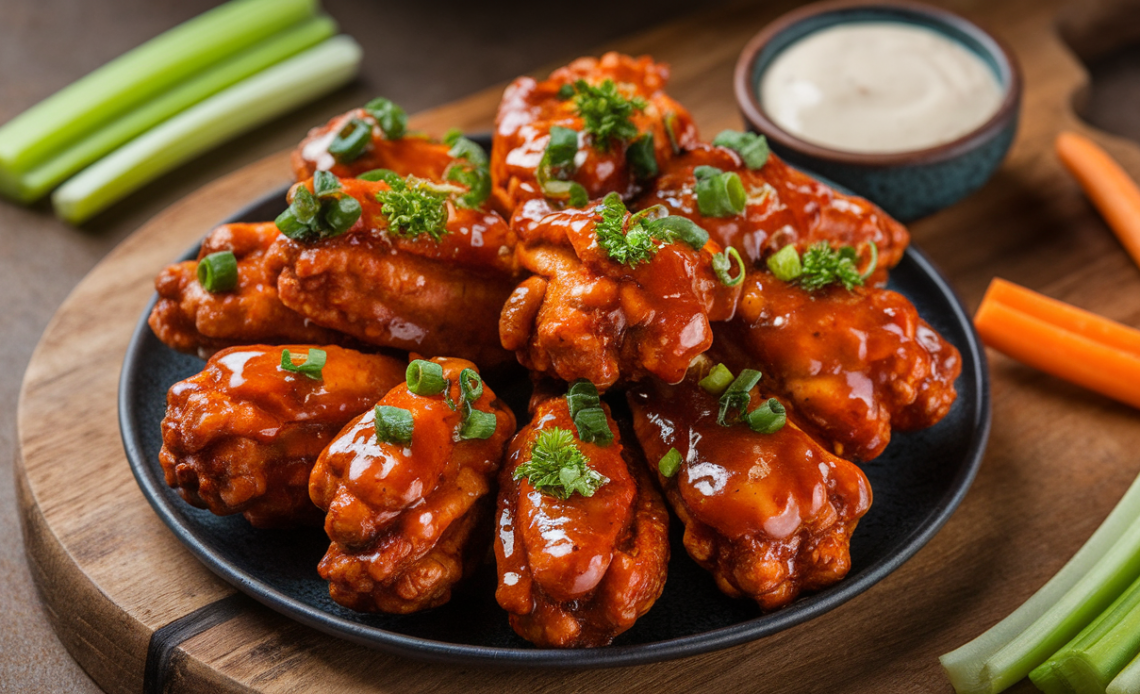 Crispy golden-brown vegan wings served on a white plate with a side of dipping sauce and fresh celery sticks.