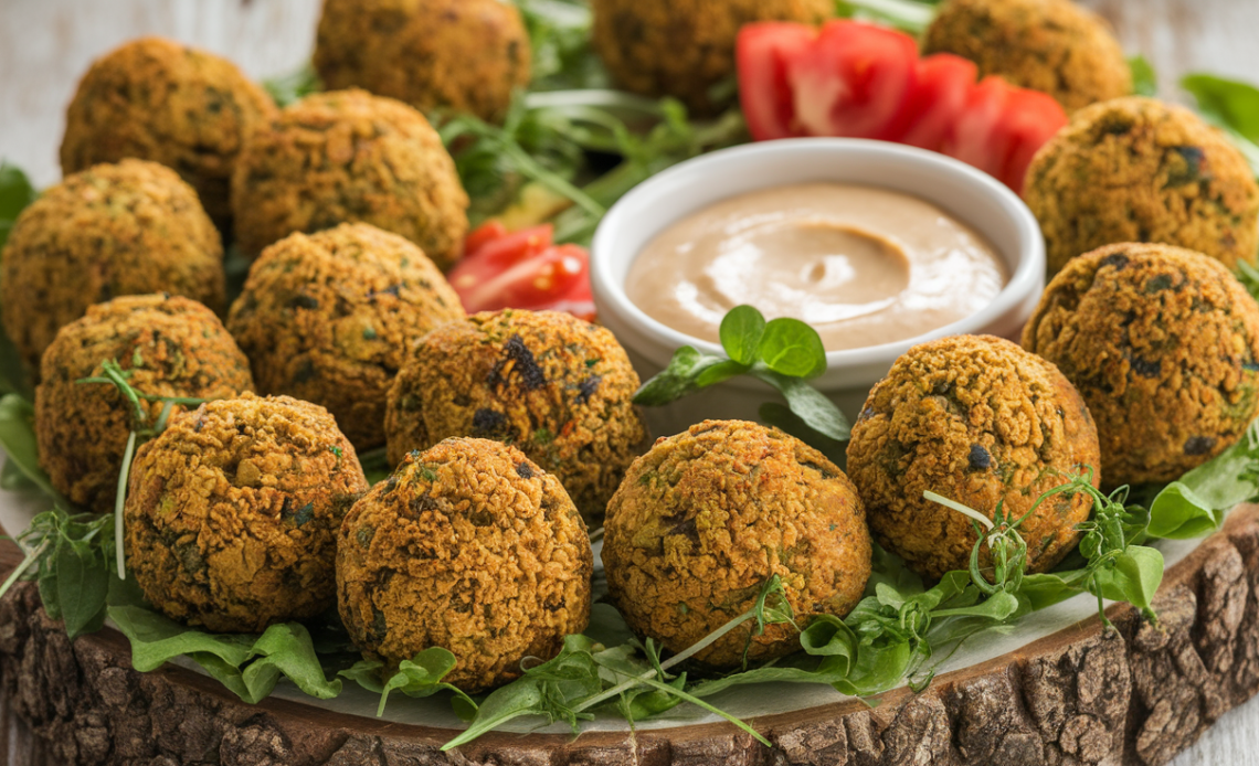 Close-up of golden-brown vegetarian falafel balls served with fresh herbs and tahini sauce.