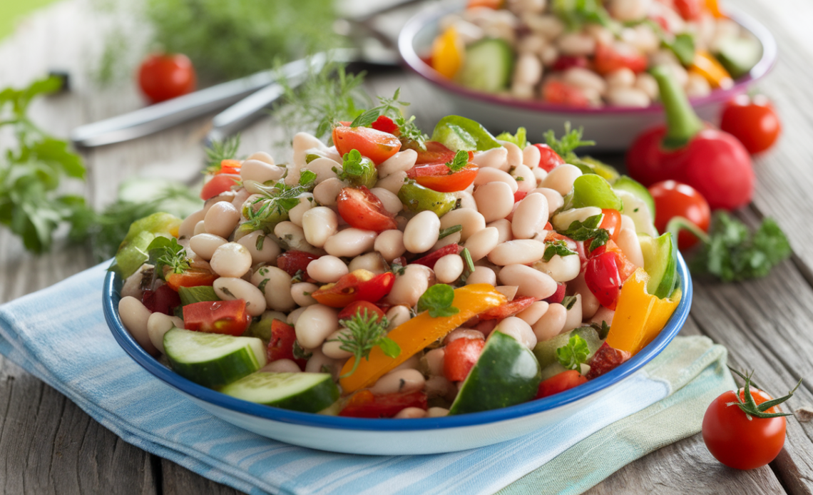 White bean salad with colorful summer vegetables in a bowl