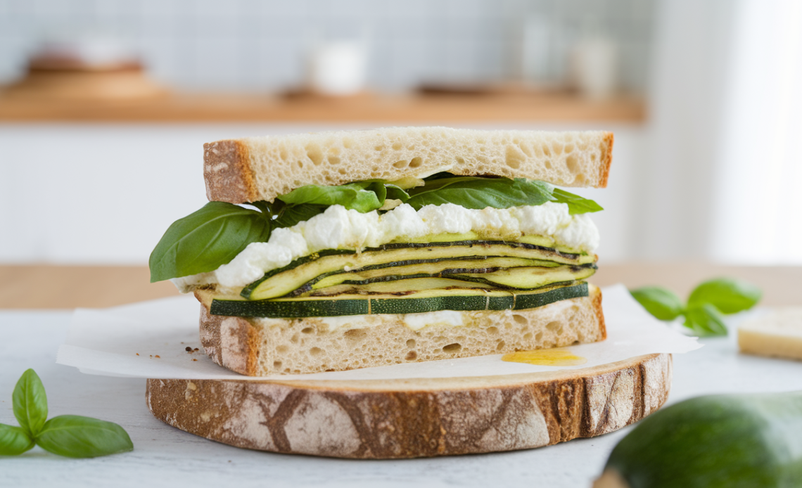 A fresh zucchini ricotta sandwich with grilled zucchini slices, creamy ricotta cheese, and fresh greens inside a crusty sandwich roll.