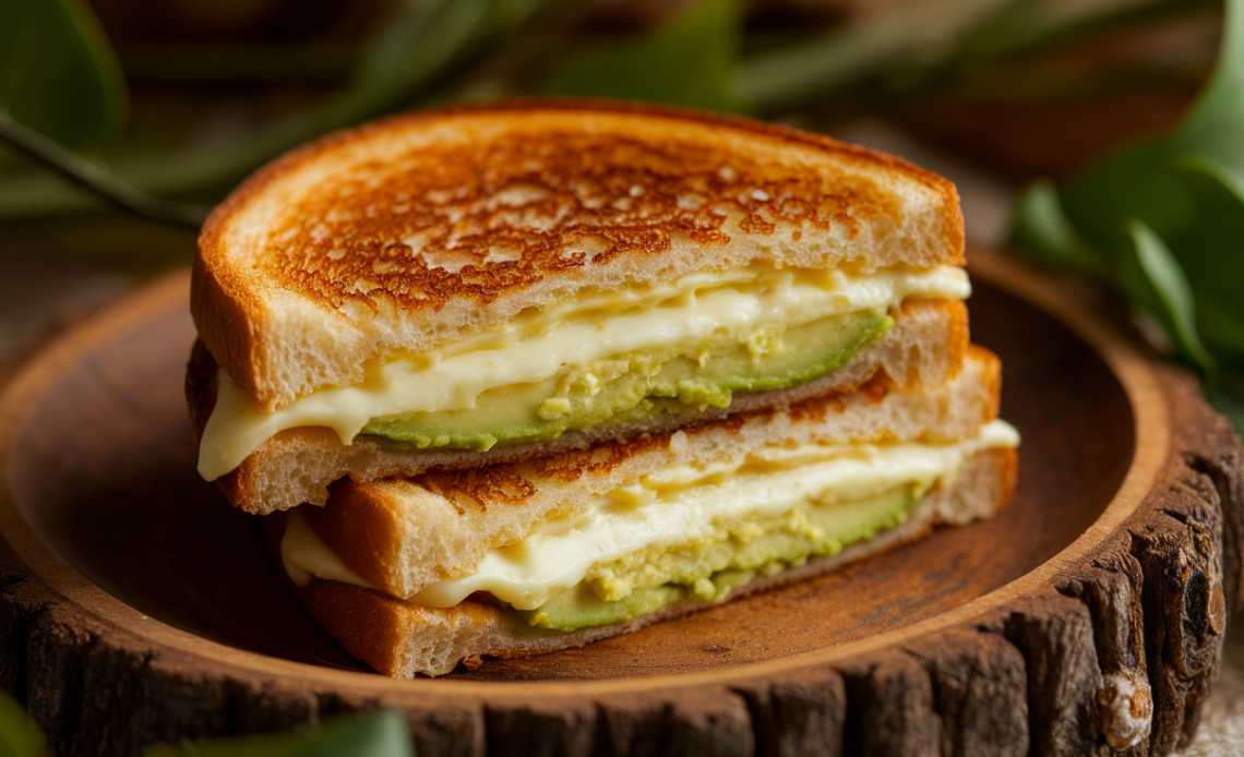 Close-up of a creamy avocado grilled cheese sandwich with golden, crispy bread and melted cheese oozing out