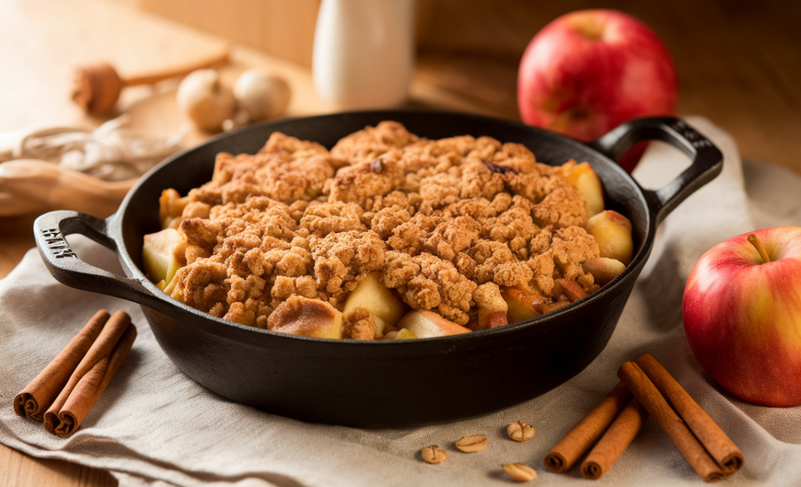 A freshly baked apple crisp in a white ceramic dish, topped with a golden, crumbly oat topping and served with a scoop of melting vanilla ice cream.