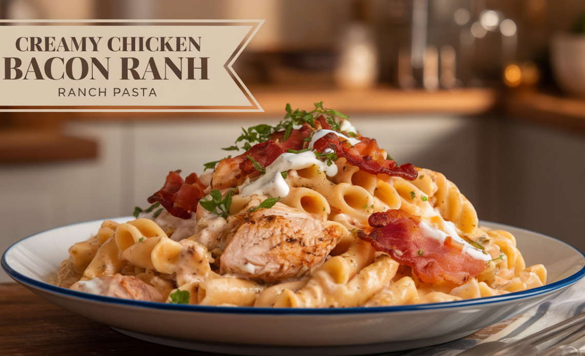 Plate of creamy chicken bacon ranch pasta garnished with crispy bacon and fresh parsley.