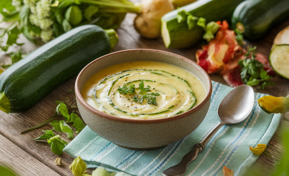 Creamy zucchini soup served in a white bowl garnished with fresh herbs and a drizzle of olive oil.