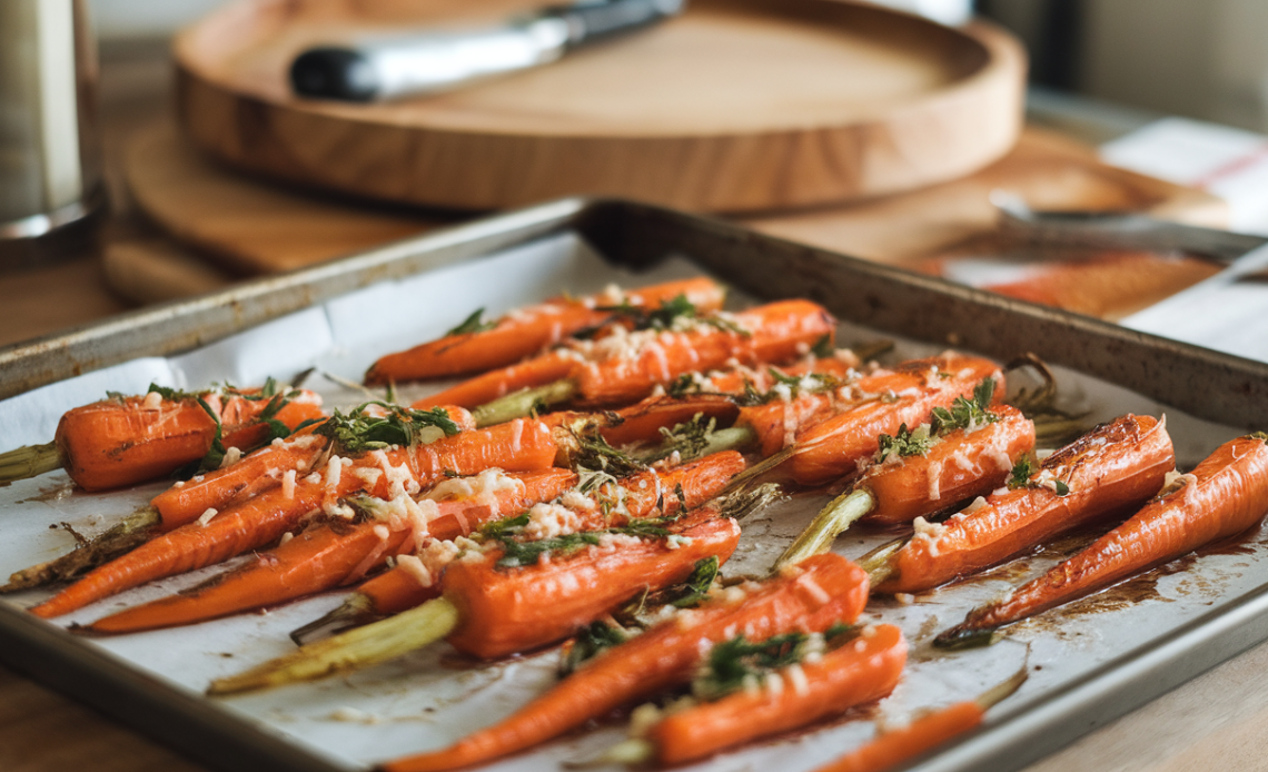 Golden-brown smashed carrots topped with melted Parmesan cheese and herbs, arranged on a baking sheet.