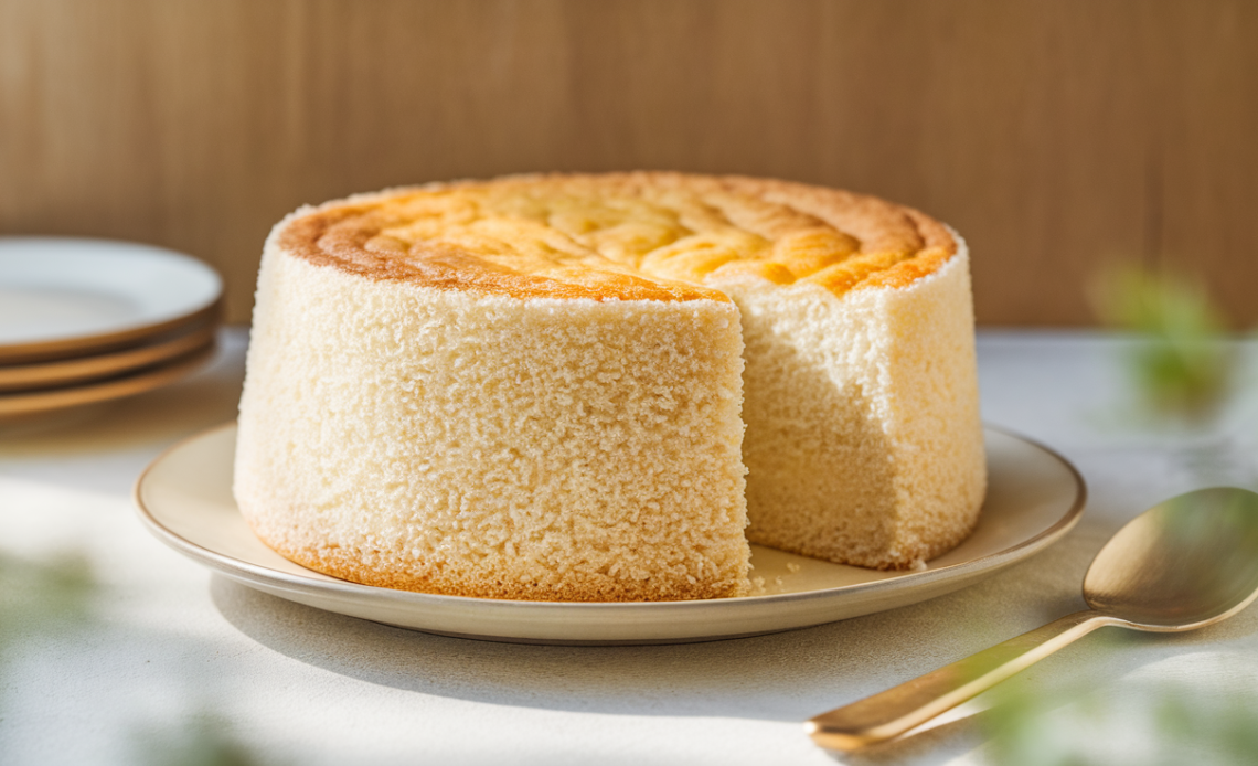 Fluffy rice cooker cake with a golden-brown crust on a white plate.