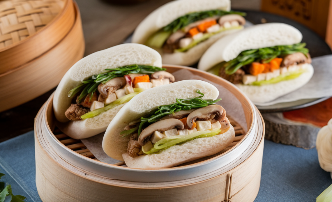 Steamed vegan Chinese bao buns filled with vegetables and tofu on a bamboo tray, garnished with sesame seeds and green onions.