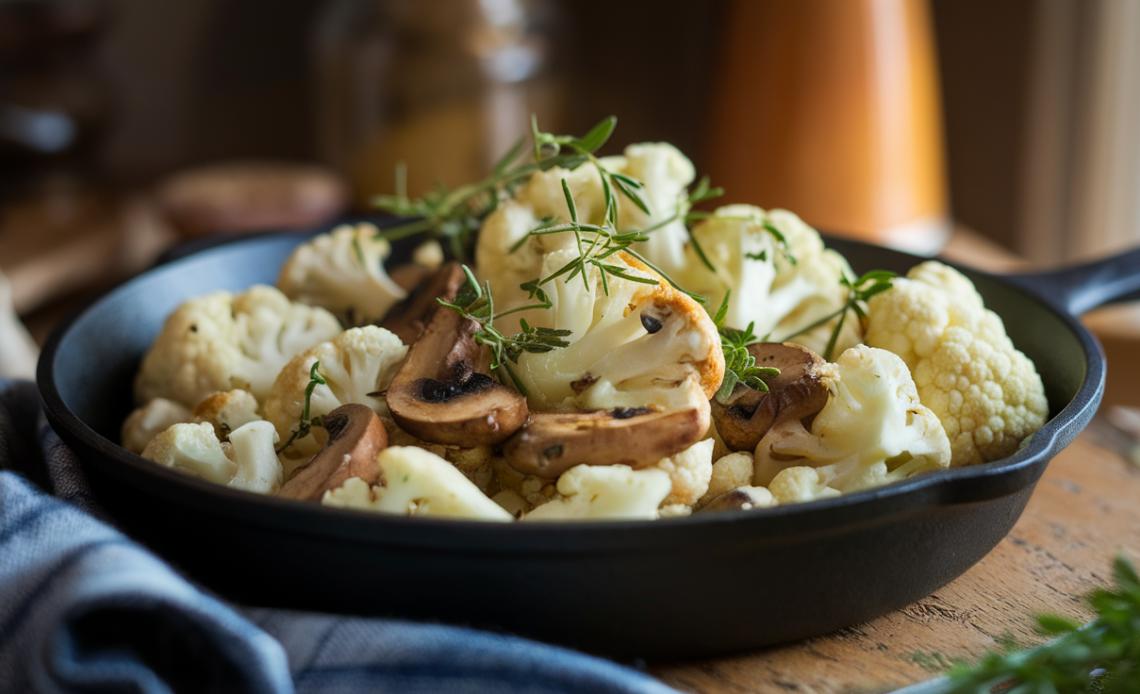Garlic cauliflower and mushroom skillet with sautéed cauliflower florets, sliced mushrooms, and fresh garlic in a cast-iron pan.