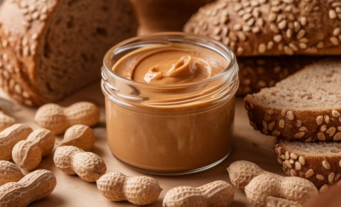 A glass jar filled with creamy homemade peanut butter, surrounded by raw peanuts on a wooden table.