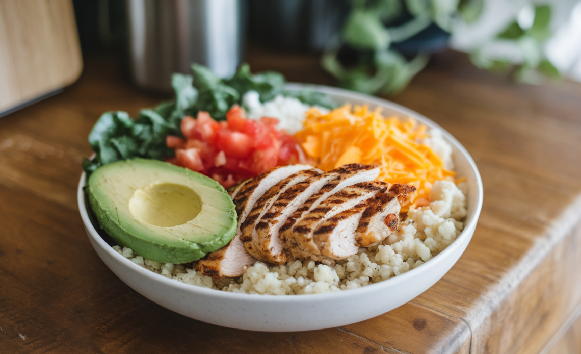 Colorful keto burrito bowl with grilled chicken, avocado, cauliflower rice, salsa, and shredded cheese in a white bowl.