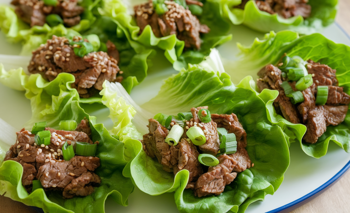 Close-up of low carb Korean beef lettuce wraps with seasoned ground beef, fresh green lettuce, and garnished with sesame seeds and sliced green onions.
