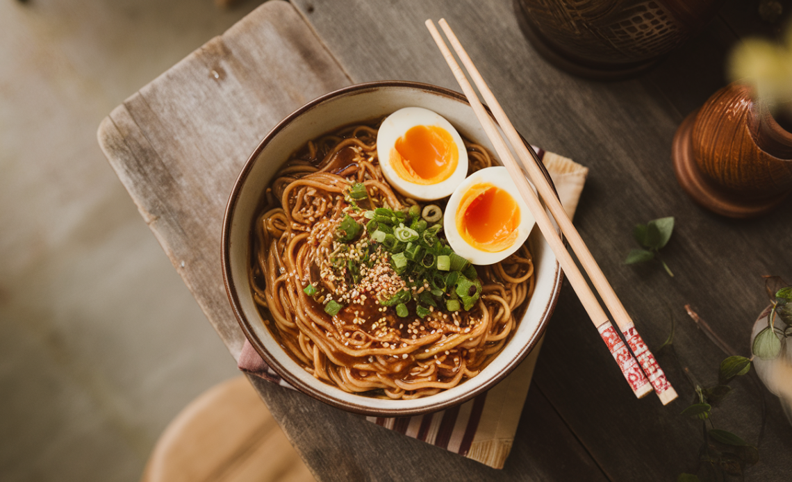 A bowl of sesame garlic ramen noodles with green onions, sesame seeds, and chili flakes, ready in 10 minutes.