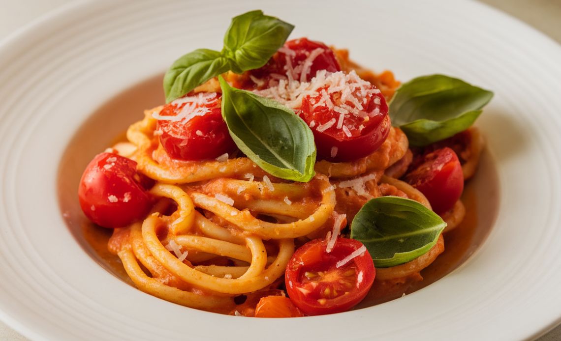 Creamy cherry tomato pasta with fresh basil in a white bowl, ready to eat.