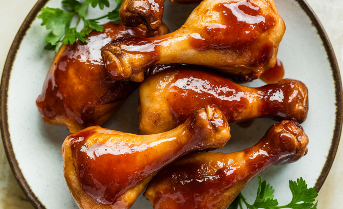 Crispy air fryer BBQ chicken drumsticks with a golden-brown glaze on a white plate garnished with fresh herbs.