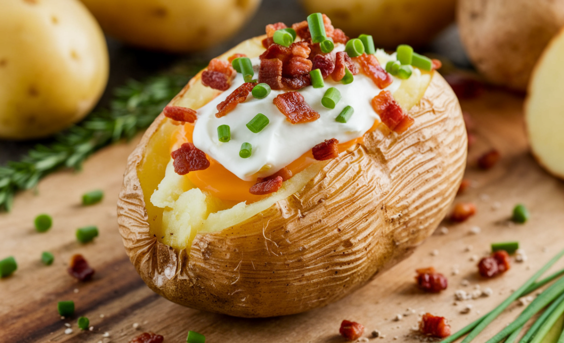 Crispy golden-brown baked potato cooked perfectly in an air fryer, served on a white plate with a pat of melting butter and sprinkled chives.