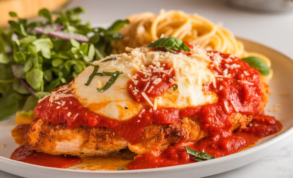 Crispy golden-brown air fryer chicken parmesan topped with marinara sauce and melted mozzarella cheese, garnished with fresh basil.