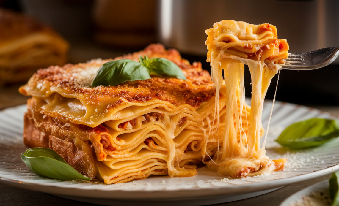 Golden and crispy Air Fryer Five Cheese Lasagna Fritta garnished with parsley and served with marinara dipping sauce.