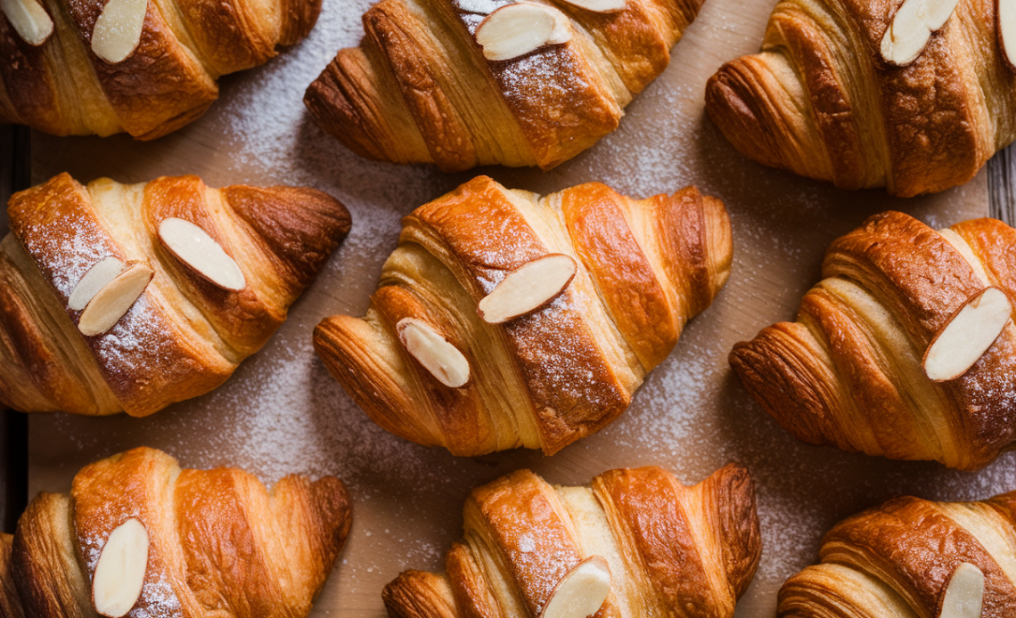 Golden almond croissants with powdered sugar and sliced almonds on top, served on a white plate.