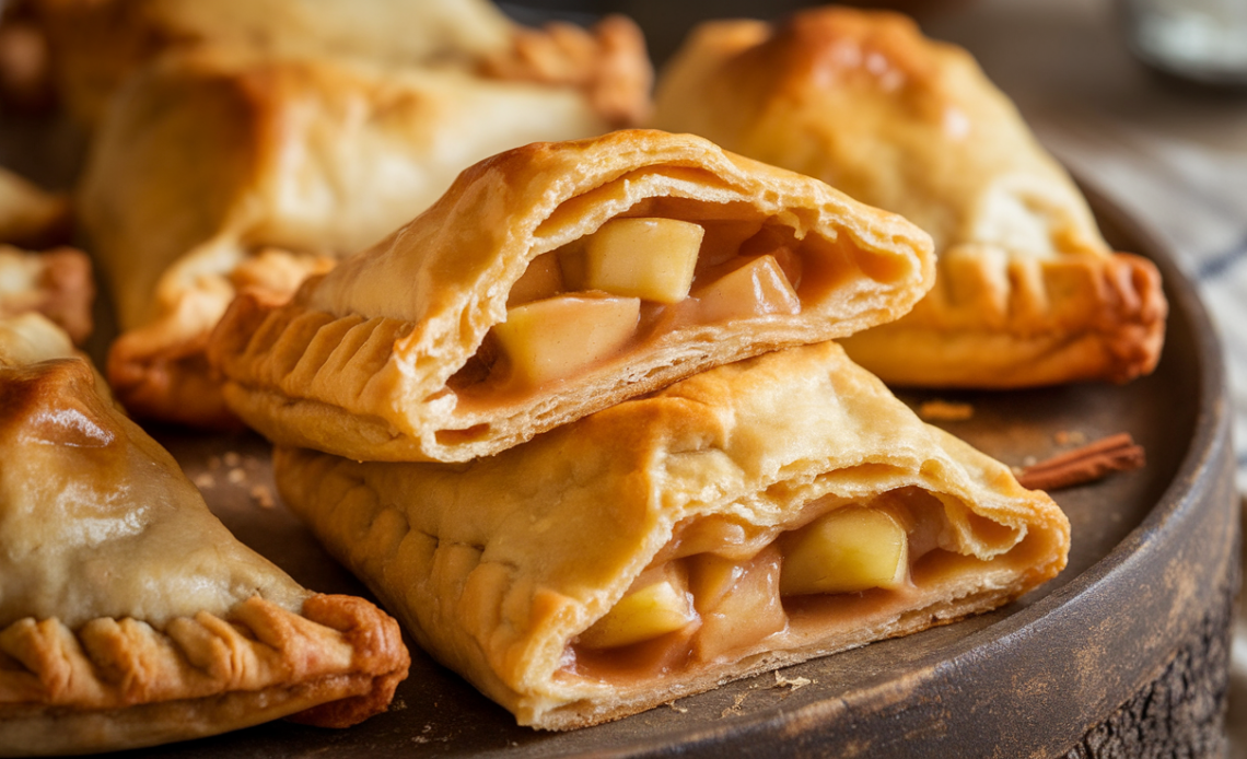A golden-brown apple turnover made with flaky pie crust, oozing with spiced apple filling, on a white plate.