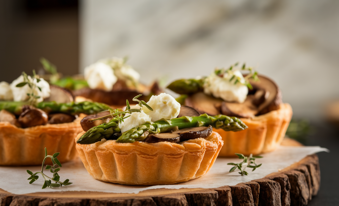 Golden puff pastry tarts topped with roasted asparagus, sautéed mushrooms, creamy goat cheese, and fresh thyme on a rustic wooden board.