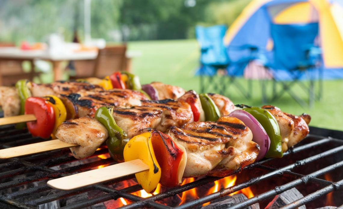 Grilled BBQ chicken skewers with colorful bell peppers and onions on a wooden platter.