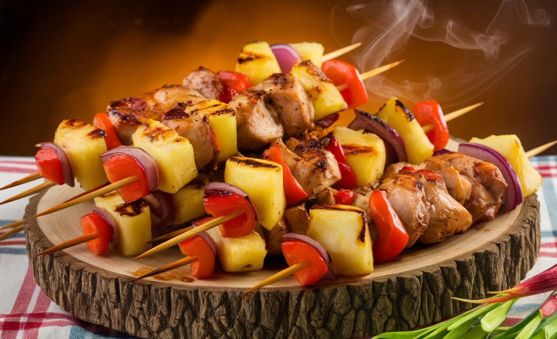 Juicy BBQ pineapple chicken kabobs grilled to perfection with bell peppers and onions on skewers.