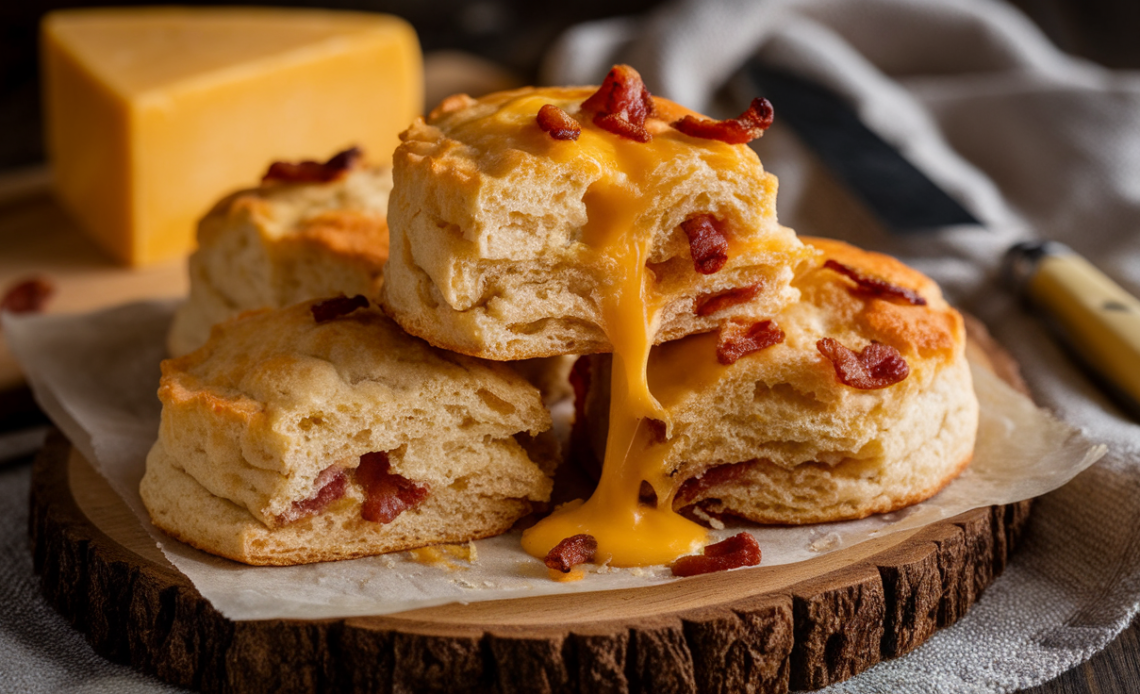 Freshly baked bacon cheddar biscuits with melted cheese and crispy bacon bits on a rustic wooden tray.