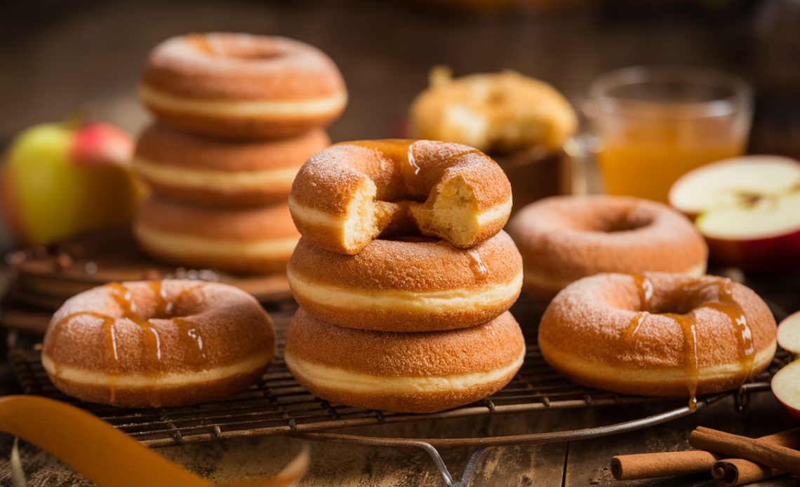 Freshly baked apple cider donuts with cinnamon sugar coating, served on a rustic wooden board with a glass of apple cider.