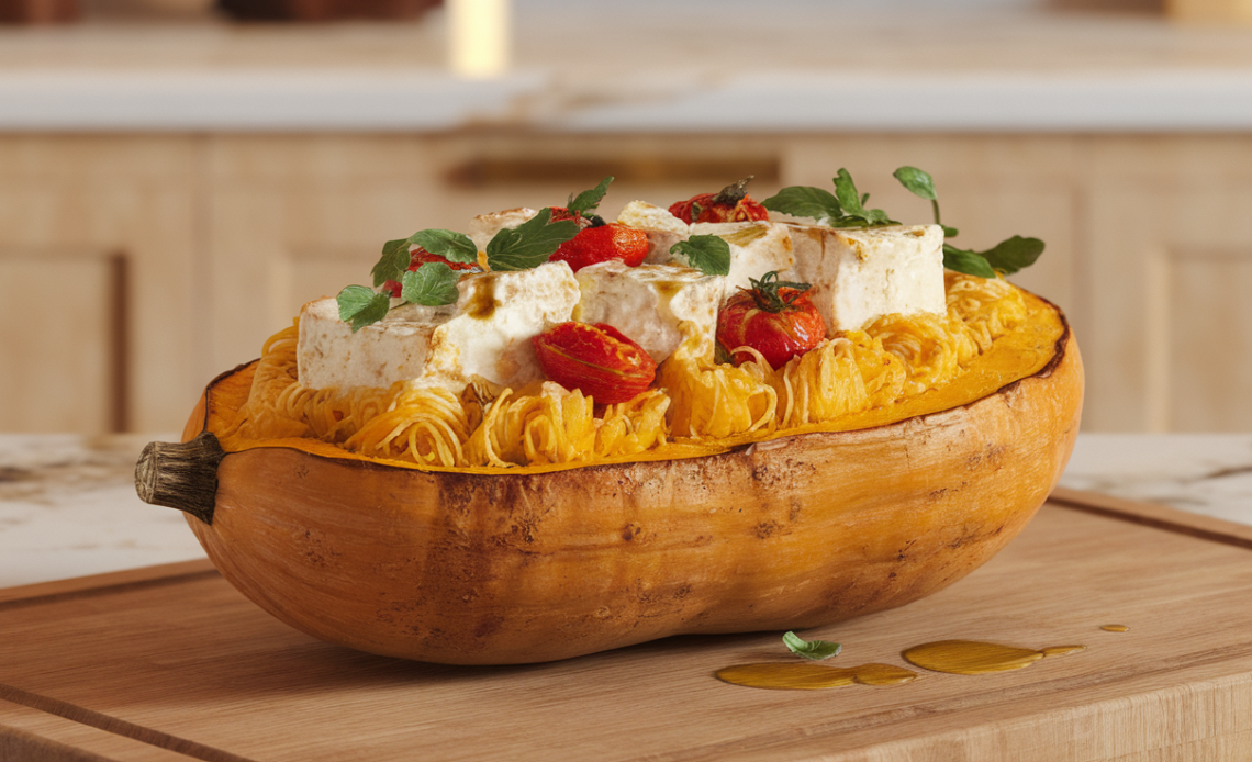 Golden-baked spaghetti squash filled with creamy feta cheese, roasted cherry tomatoes, garlic, and fresh herbs, served as a healthy low-carb meal.