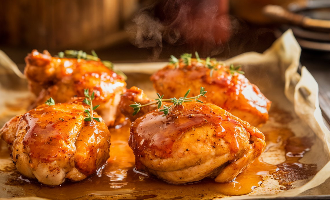 Crispy baked chicken thighs glazed with spicy hot honey, garnished with fresh herbs and served on a white plate.