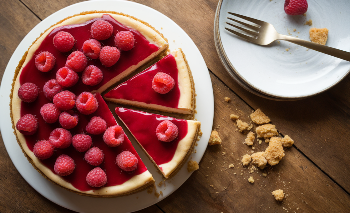 Homemade baked raspberry cheesecake with a buttery biscuit base, creamy filling, and fresh raspberry swirls, dusted with icing sugar on a white plate.