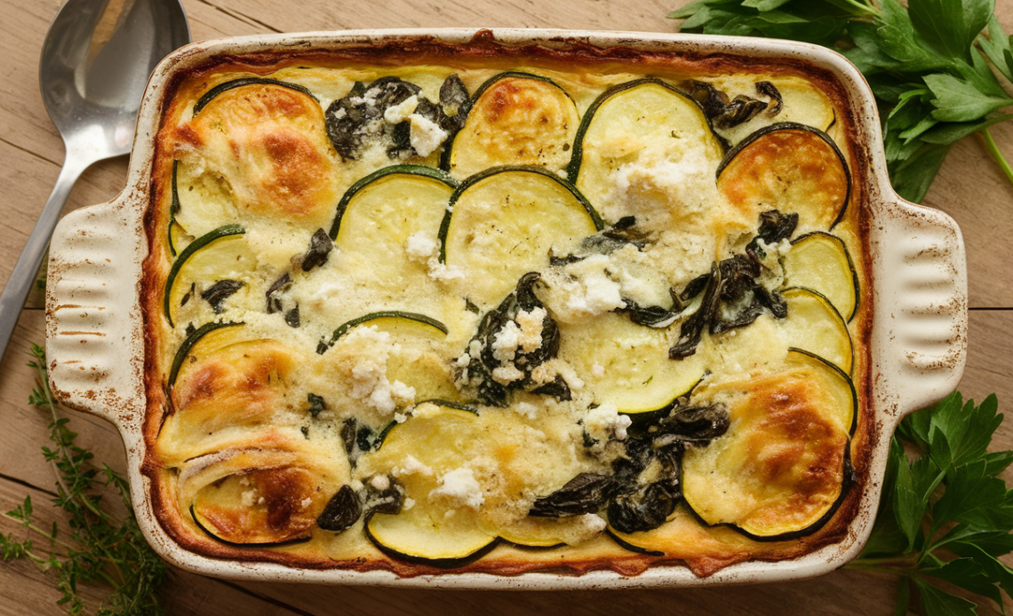 Golden baked zucchini spinach and feta casserole with melted cheese, fresh herbs, and crispy edges, served in a ceramic dish.