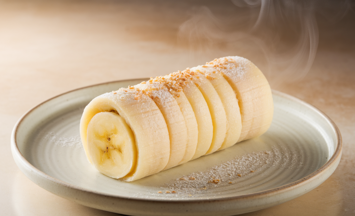 Close-up of soft and chewy Hong Kong banana mochi rolls filled with ripe banana slices and dusted with coconut flakes.