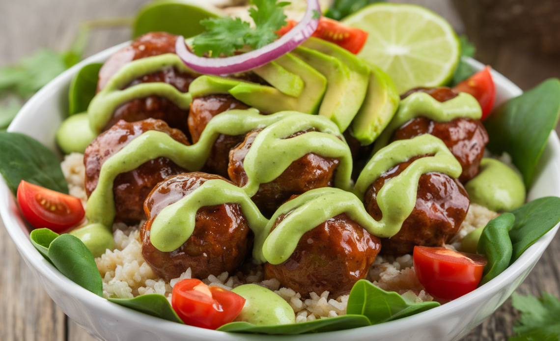 Barbecue-glazed meatball bowl with creamy avocado goddess sauce, fresh greens, roasted corn, and red onions on a bed of rice.