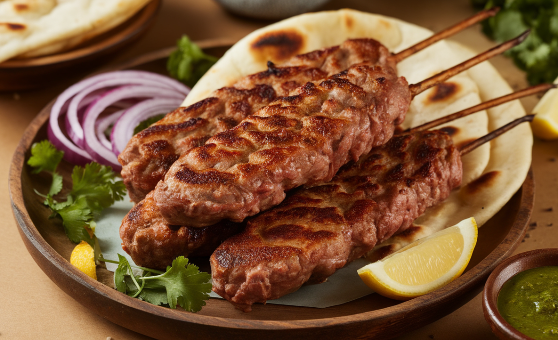 Juicy homemade Beef Chapli Kababs on a plate, garnished with fresh cilantro, onions, and lemon wedges, served with yogurt sauce.