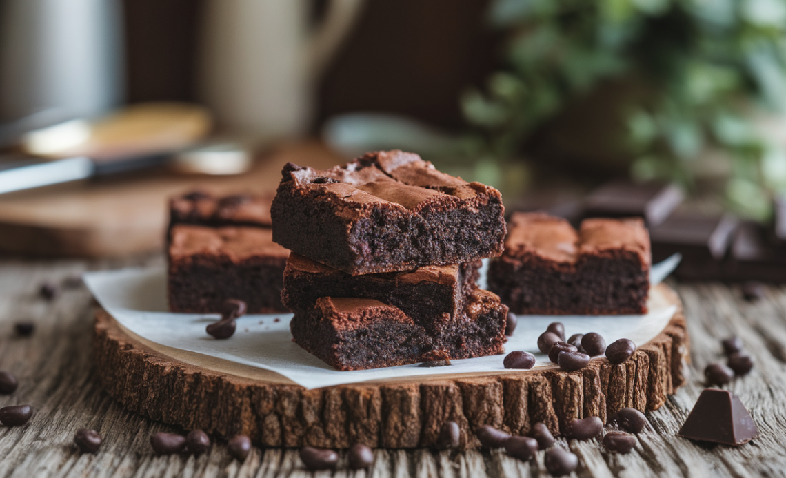 A stack of rich, fudgy black bean brownies on a white plate, topped with a light sprinkle of sea salt and a drizzle of melted chocolate.