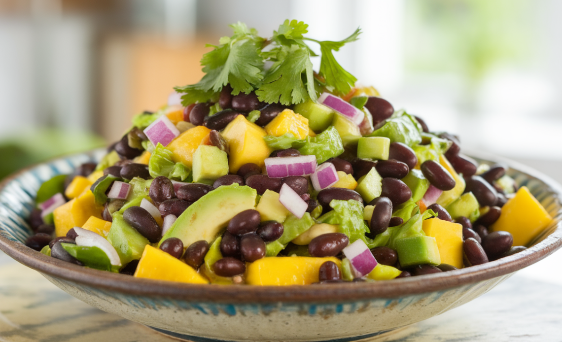 A vibrant bowl of Black Bean Mango Avocado Salad with colorful diced mango, creamy avocado, black beans, red onions, and fresh cilantro.