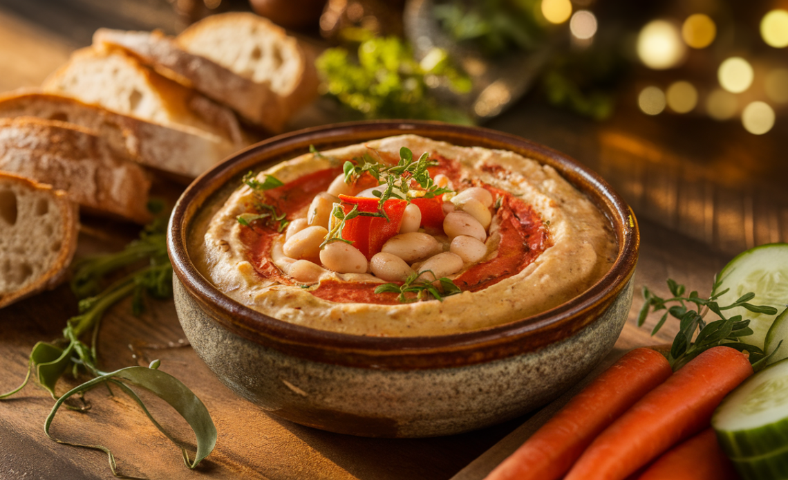 Creamy white bean and red pepper dip (Bohnen Paprika Dip) in a bowl, garnished with fresh herbs and paprika powder, served with sliced vegetables and toasted bread.