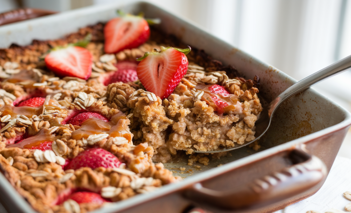 Close-up of a bowl of brown butter strawberry baked oatmeal topped with fresh strawberry slices and a drizzle of honey.