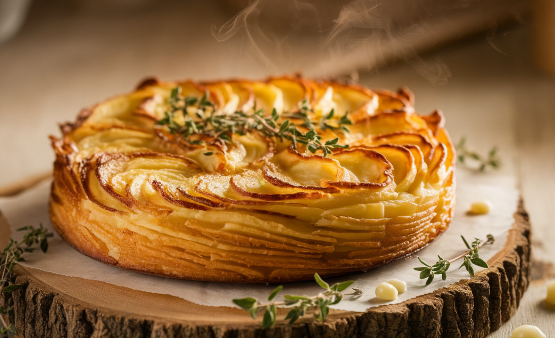 Golden-brown potato torte with crispy layers, drizzled with brown butter and fresh thyme sprigs, served on a rustic wooden table.