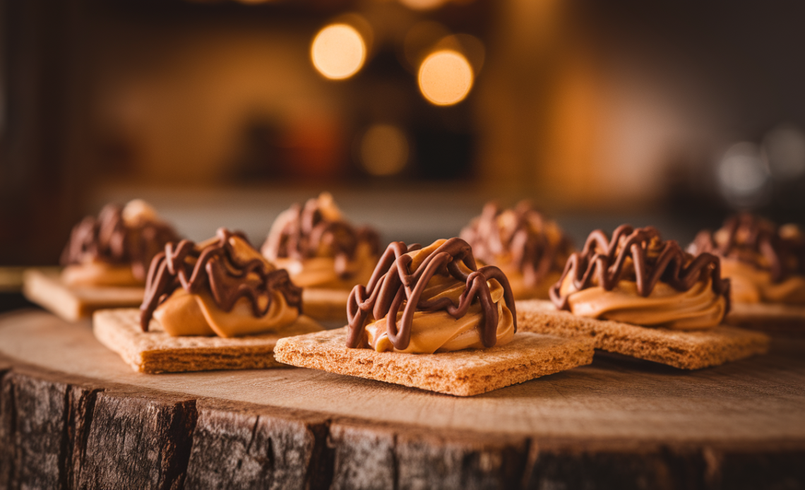 Close-up of homemade Buckeye Graham Crackers topped with peanut butter and chocolate drizzle.