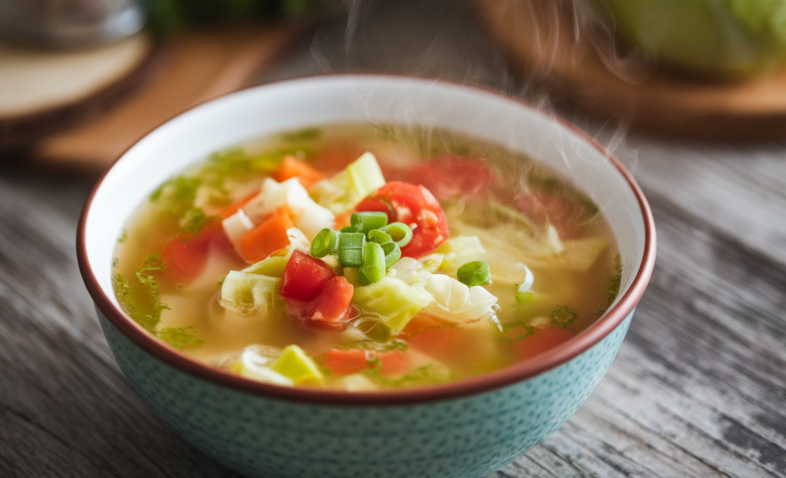 A steaming bowl of hearty cabbage fat-burning soup with carrots, celery, tomatoes, and herbs on a wooden table.